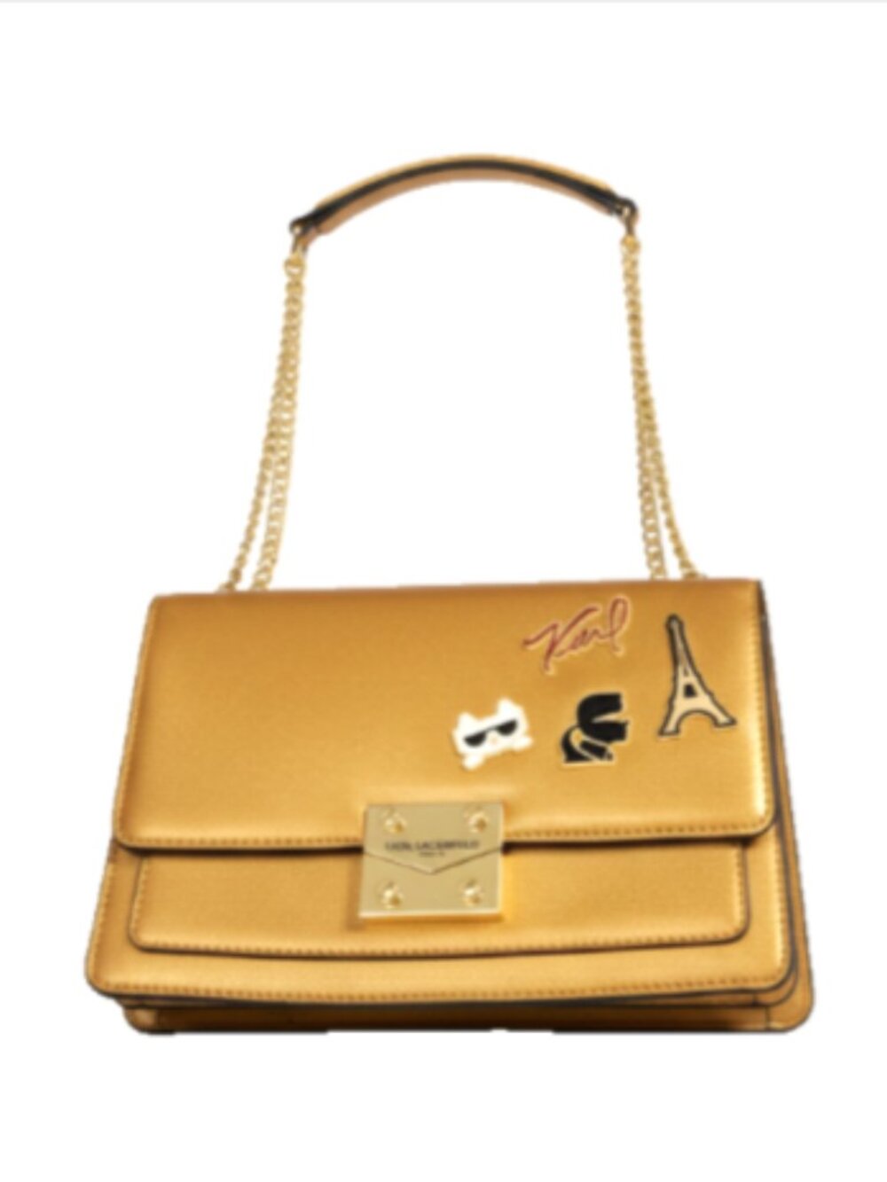 Karl Lagerfeld Paris Corinne Crossbody Bag Gold Faux Leather Chain EUC